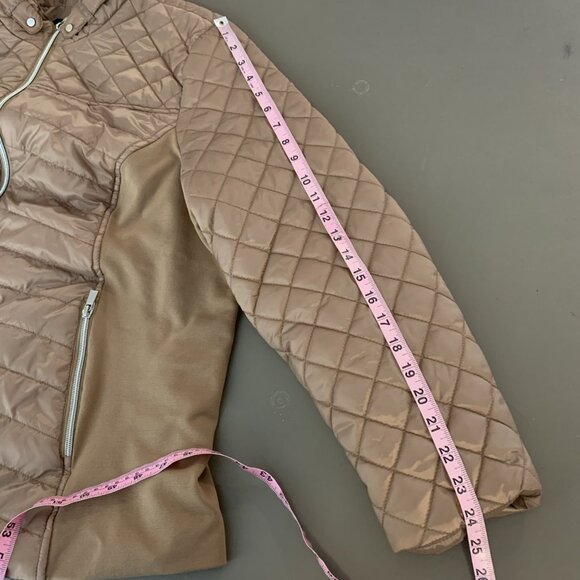 Susan Graver Womens XL Quilted Jacket Ponte Side Panels Zip Pockets Tan Puffer - Picture 13 of 14